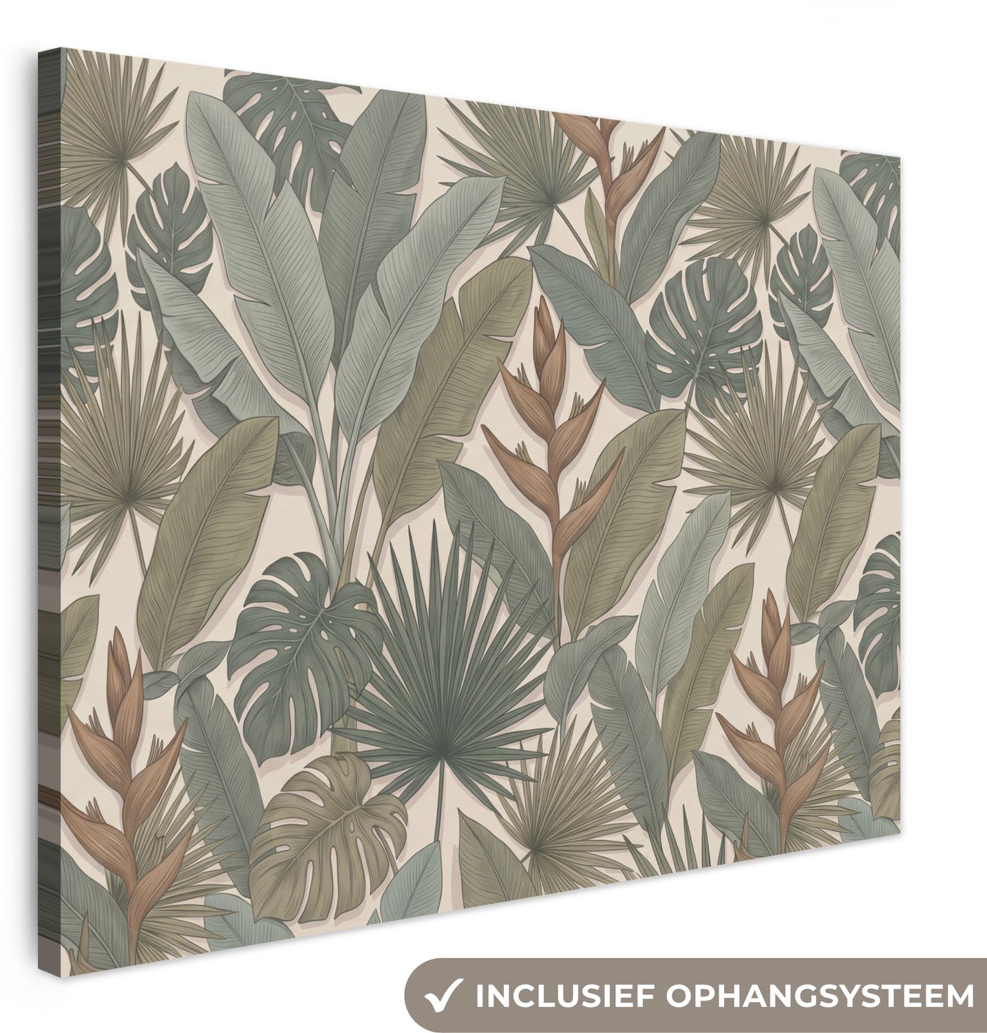 Canvas schilderij 120x90 cm - Exclusieve wanddecoratie Planten - Tropisch - Natuur - Illustratie - Groen - Muurdecoratie woonkamer - Slaapkamer decoratie - Kamer accessoires - Schilderijen op canvas