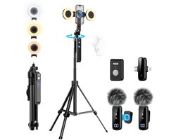 Vlogging Kit, 71 inch Auto Face Tracking Statief voor iPhone, 360 ° Rotatie Uitschuifbaar Telefoonstatief met Verlichting, Draadloze Microfoon, Content Creator Essentials Starter Kit voor