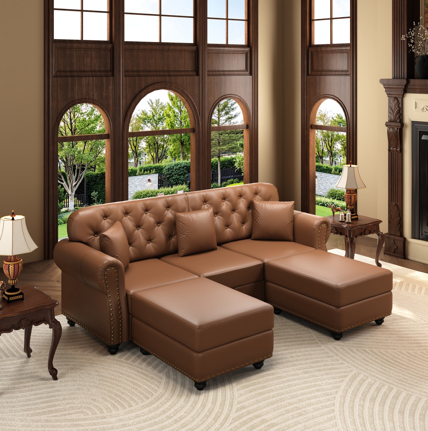 REDOM Chesterfield bank 210 cm - 3-zits met 2 hockers en knoopstikking - Bruin