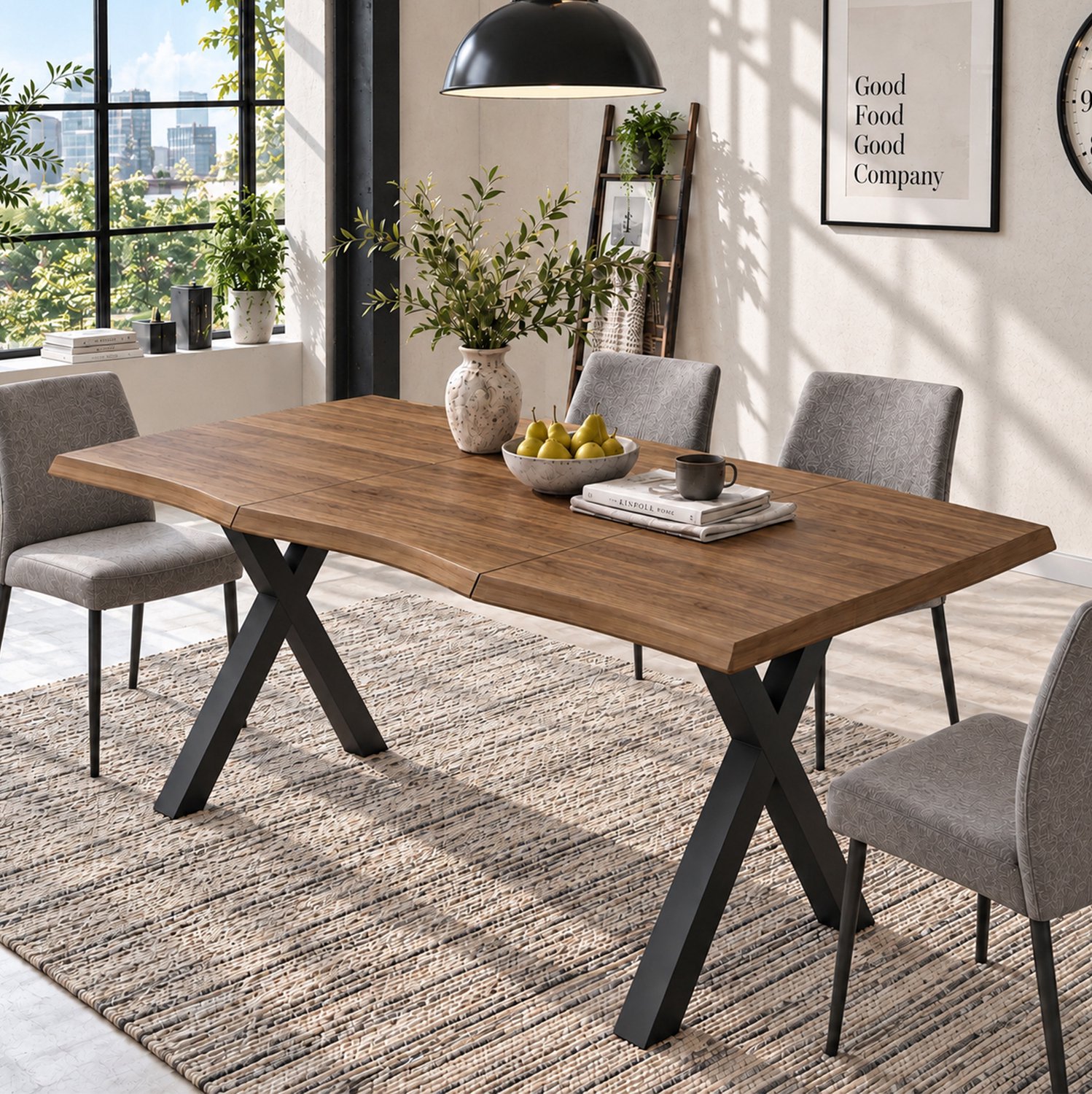 FloraGrace Eettafel - Golvende Rand En X-Poten - Voor 4 Tot 6 Personen In Eetkamer - MDF En Metaal - 160 X 78 X 75 Cm - Walnootkleur Walnootkleurig