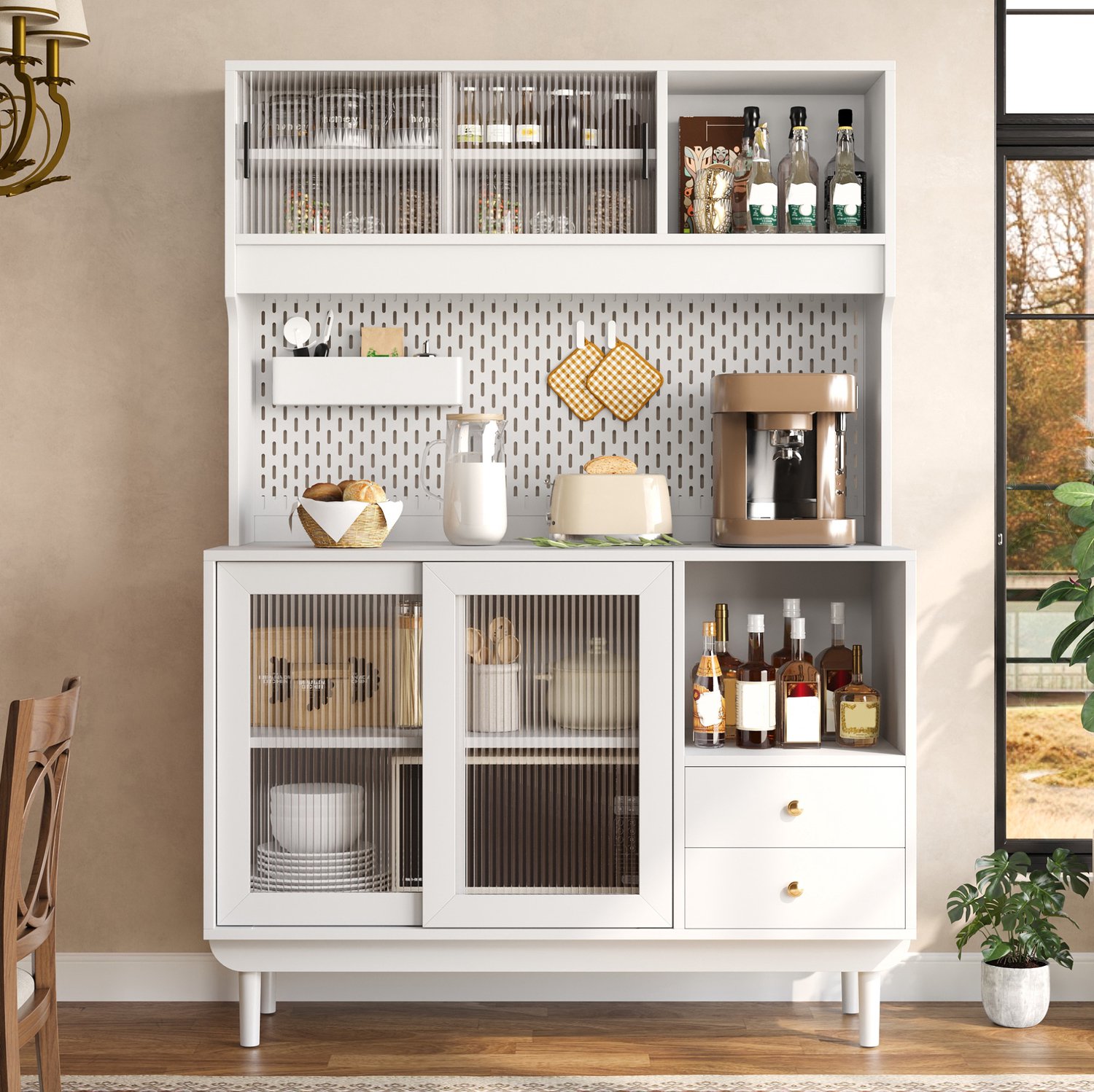 MODFU Keukenkast - Schuifdeuren Van Geribbeld Glas - Open Vakken - Wit - 117 X 30 X 170 Cm