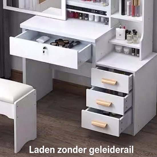 Witte kaptafel met drie laden zonder geleiderail en een bijpassende kruk.