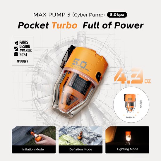 Max Pump 3, Draagbare Elektrische Luchtpomp en Verlichting, 5.0 kPa, 500 L/min, USB-C, 6 Opzetstukken, Luchtpomp Oppompen/Leeglaten voor Luchtbed/Luchtmatras, Zwembaddrijvers, Zwemband — afbeelding 2