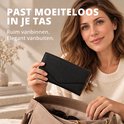 Vrouw houdt een zwarte rechthoekige portemonnee (19,5 x 9,7 cm) vast boven een beige handtas.