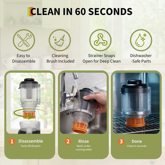 Koudpers Slowjuicer – XXL Vulopening – 98% Rendement – BPA Vrij – Fluisterstil – Eenvoudig te Reinigen – Zwart — afbeelding 3