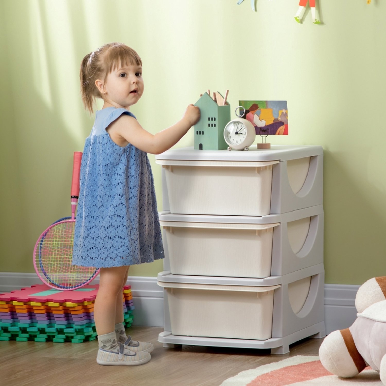 MIVRAY Kinderladekast - Drie Uitneembare Lades Met Ronde Hoeken - Voor Speelkamer En Kinderkamer - Kunststof Crèmewit - 37 x 37 x 56,5 Cm