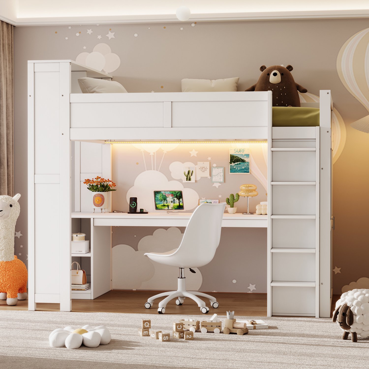 WUVRIE Hoogslaper 90x200 cm - Bureau, kledingkast en opbergruimte - USB en LED-verlichting - Wit