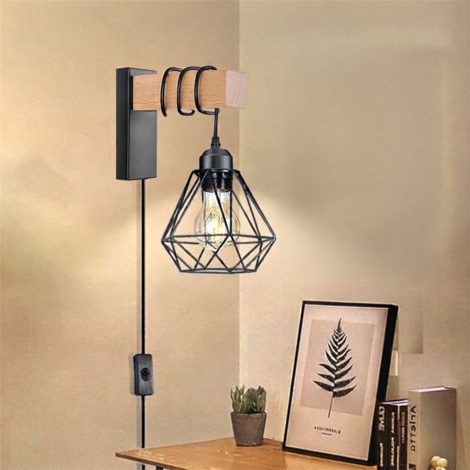 Wandlamp Binnen met Snoer - Wandlamp met Stekker voor Binnen - met Dimbare Schakelaar - Industrieel en Vintage - Slaapkamer Bedlampje - 1 Stuk - Zwart