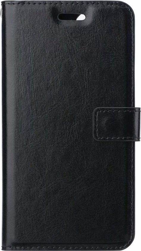 Zwarte luxe bookcase met klep voor Apple iPhone 11. De voorkant heeft een textuur en een sluitlip.