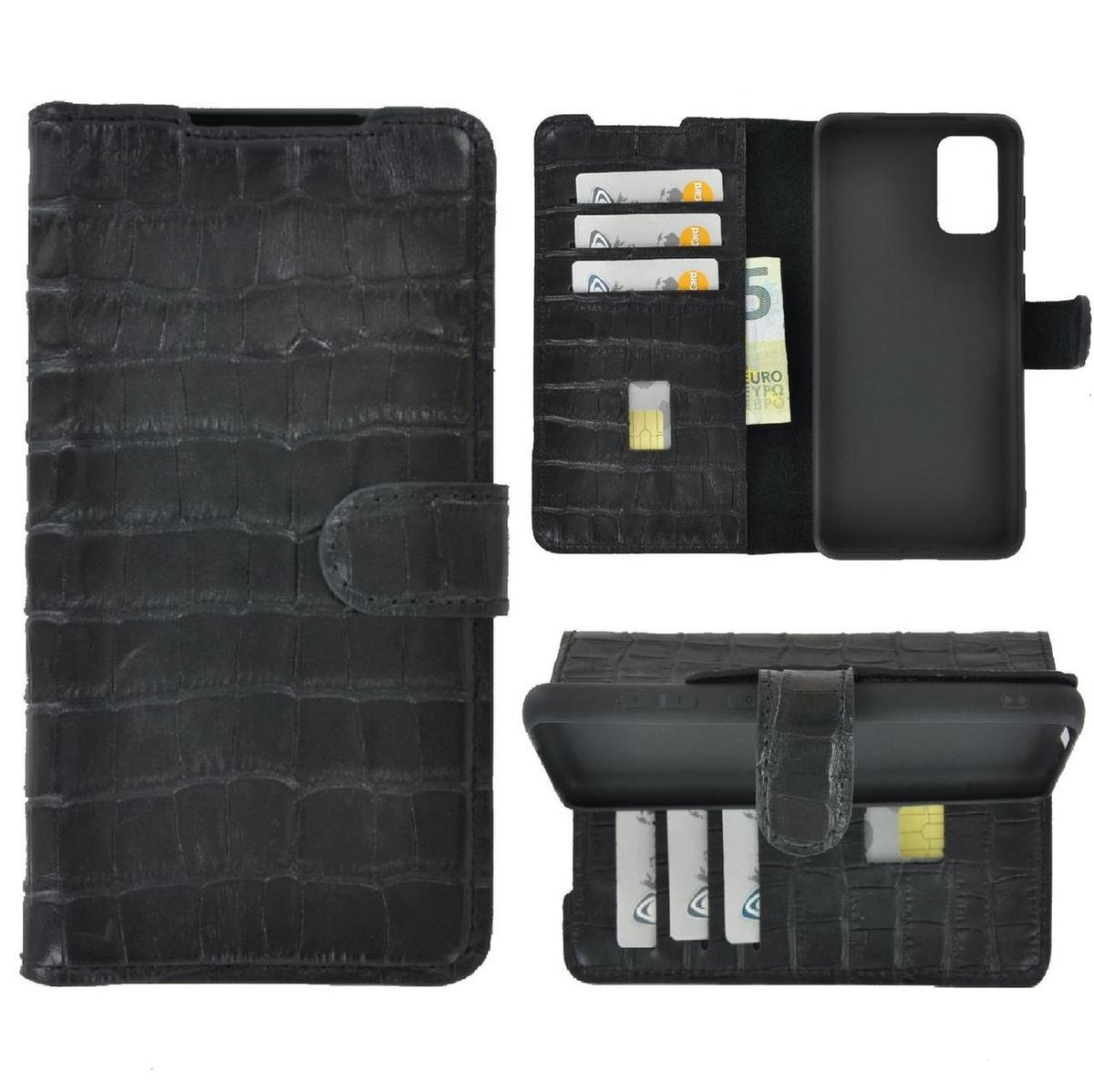 Samsung Galaxy S20 Plus hoesje - Wallet Bookcase Echt Leder hoes Croco Zwart