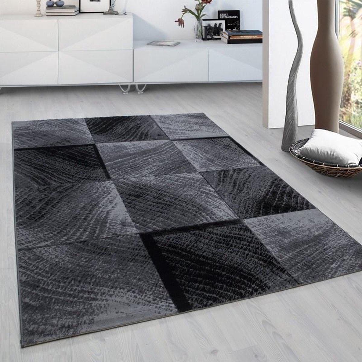 Laagpolig vloerkleed, geruit patroon, zwart, woonkamerkleed, jute achterkant, afmeting: 120 cm x 170 cm
