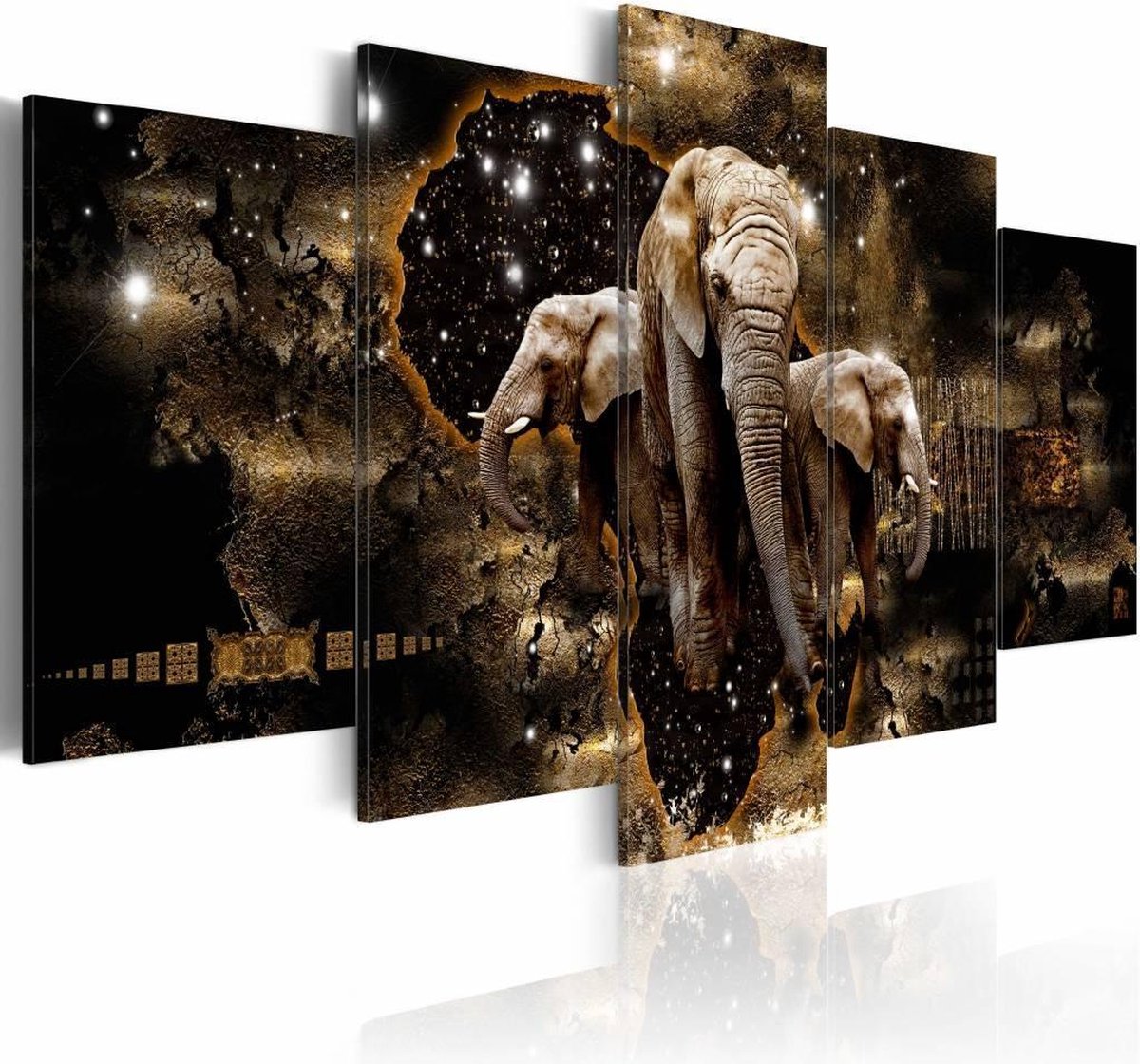 Schilderij - Olifanten op pad, Zwart/Goud, 5luik, wanddecoratie