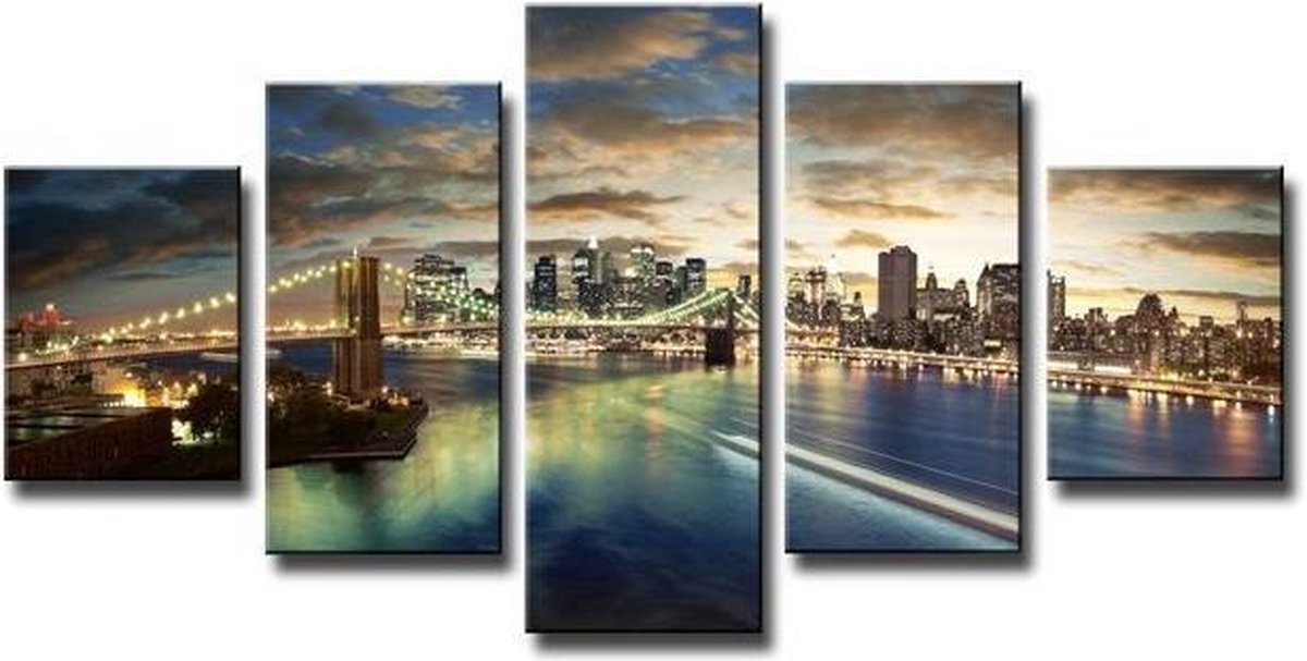 karo-art Schilderij - New York Brooklyn Bridge, Blauw, 160X80cm, 5luik Multikleur