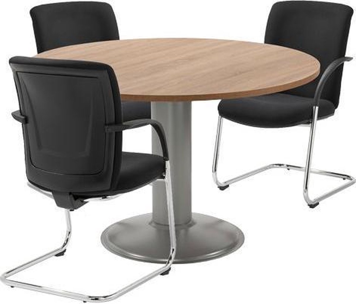 Vergadertafel - Ronde tafel - voor kantoor - 120 cm rond - blad natuur eiken - wit onderstel - eenvoudig zelf te monteren