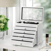 Nancy's - XXL 6-Laags Houten Sieradendoos met Spiegel - 31,5 x 26,5 x 19,5 - Wit