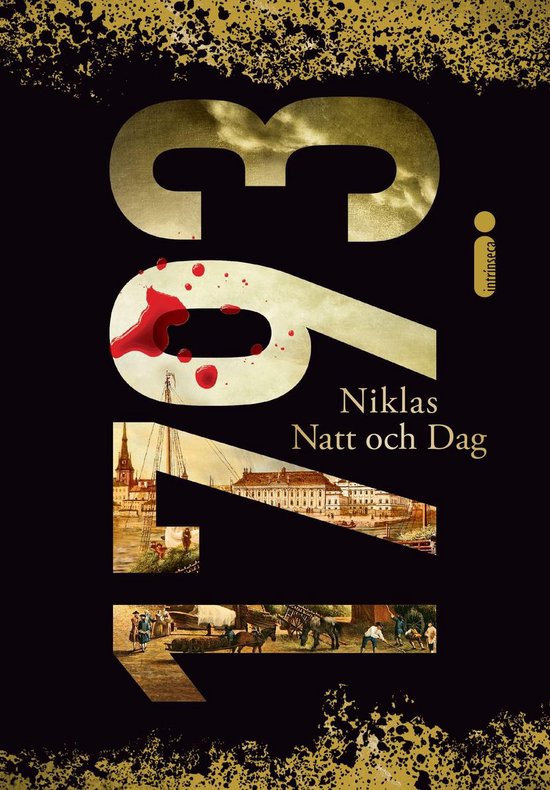 Boekcover met grote gouden cijfers 1, 7, 9, 3. Een bloeddruppel op de 7. Onderin een 18e-eeuws stadsgezicht en figuren.