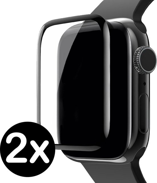 Zwarte Apple Watch met een doorzichtige screenprotector die wordt aangebracht, met een 2x logo.