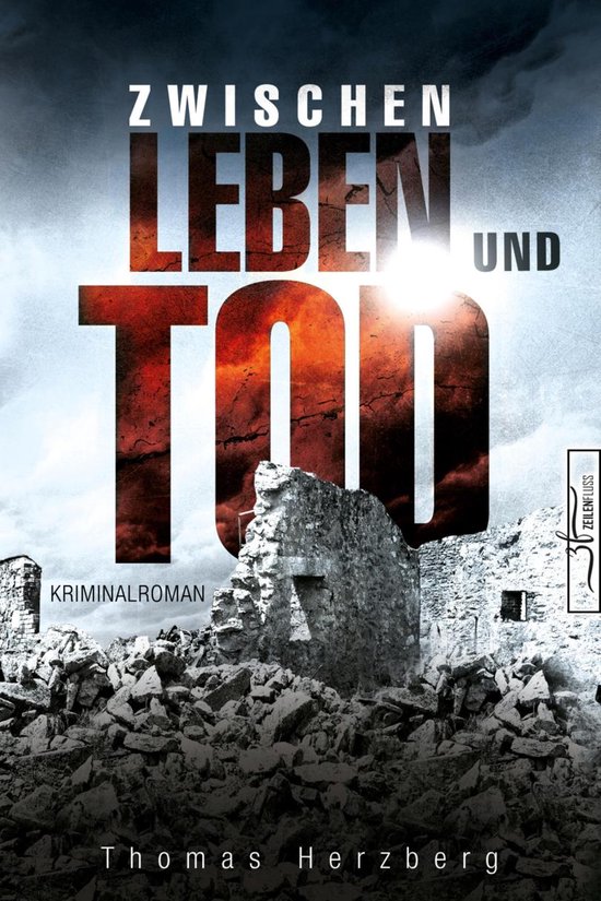 Couverture de livre : "Zwischen Leben und Tod" Roman policier de Thomas Herzberg, sur un fond dramatique de ruines et de nuages sombres.