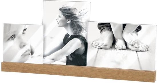 Mascagni - Driedubbele acryl fotolijst met houten naturel basis voor 1 foto 10x10 en 2 foto's 13x18 WV A1159