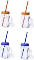 4x stuks Glazen Mason Jar drinkbekers met dop en rietje 500 ml - 2x blauw/2x oranje - afsluitbaar/niet lekken/fruit shakes