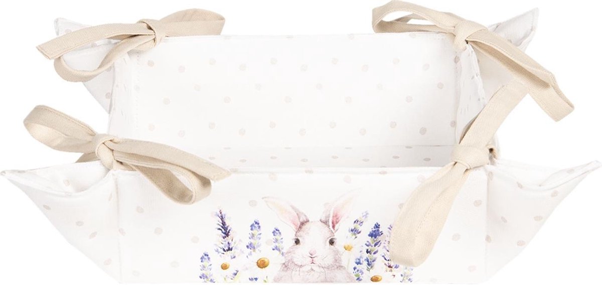 Clayre & Eef Broodmand 35x35x8 cm Wit Roze Katoen Vierkant Lavendel Konijn Cadeau keuken