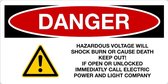 Sticker 'Danger: Hazardous voltage will shock' 150 x 75 mm