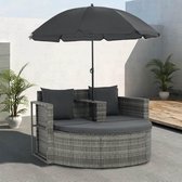Tuinbank tweezits met kussens en parasol poly rattan grijs