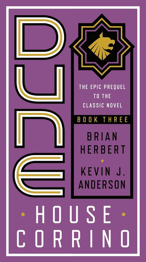 Boekkaft "Dune: House Corrino", deel drie van de epische prequel op de klassieke roman, met gouden en witte letters op een paarse achtergrond.