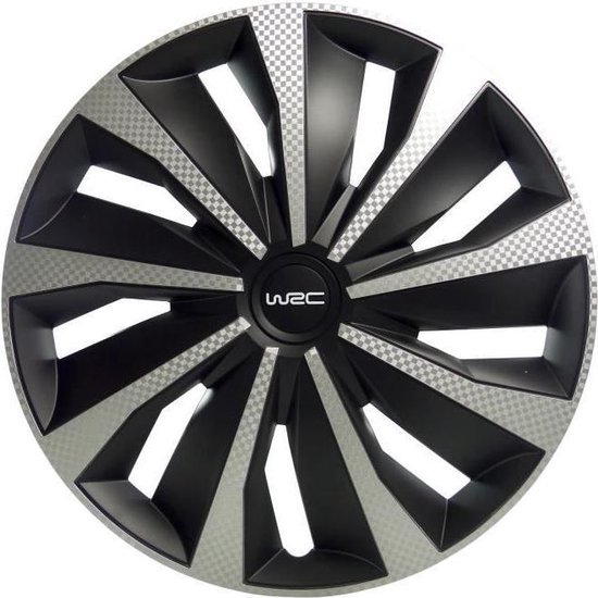 Zwarte wieldop met zilveren carbon-look spaken en WRC-logo.