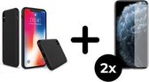 iPhone Xs Hoesje Zwart - Siliconen Case - 2x Tempered Glass Screenprotector