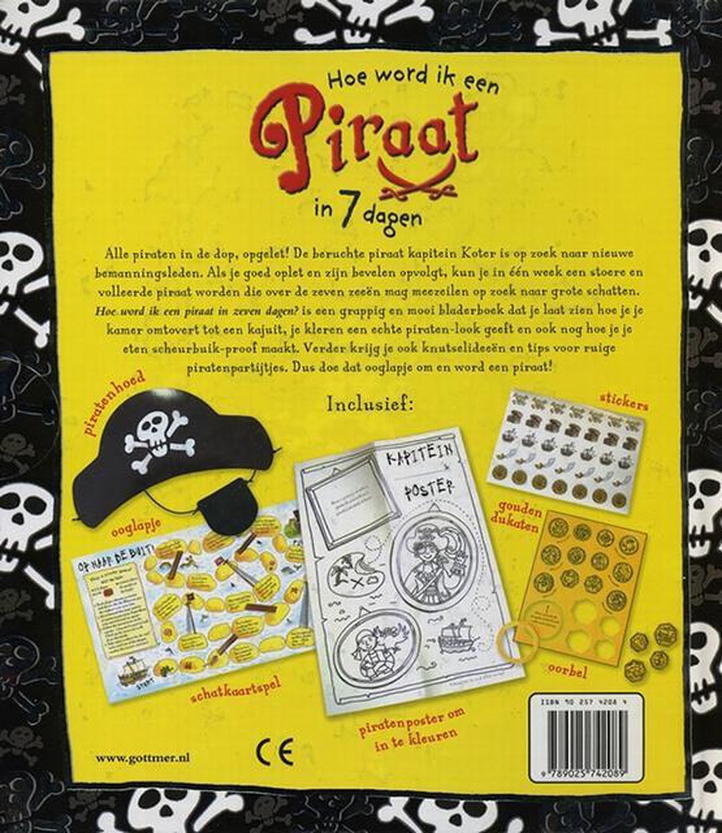 Achterkant van 'Hoe word ik een piraat in 7 dagen'. Bevat piratenhoed, schatkaart, poster, stickers en gouden munten.