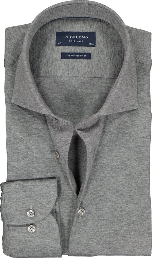 Profuomo slim fit jersey overhemd - knitted shirt - antraciet grijs melange - Strijkvrij - Boordmaat: 43