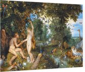 Het aardse paradijs met de zondeval van Adam en Eva, Peter Paul Rubens - Foto op Plexiglas - 90 x 60 cm