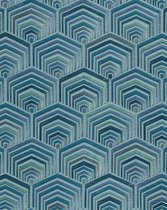 Etnisch behang Profhome DE120047-DI vliesbehang hardvinyl warmdruk in reliëf gestempeld met geometrische vormen glimmend turkoois mint petrol 5,33 m2