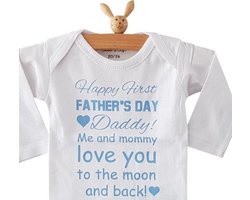 Baby Rompertje zoon jongen tekst papa eerste Vaderdag cadeau van mama | Happy first father’s Day daddy me and mommy love you to the moon and back | lange mouw | wit blauw | maat 62-68 | mooiste cadeautje kind cadeautje liefste lief leukste Baby Rompertje zoon jongen tekst papa eerste Vaderdag cadeau van mama | Happy first father’s Day daddy me and mommy love you to the moon and back | lange mouw | wit blauw | maat 62-68 | mooiste cadeautje kind cadeautje liefste lief leukste