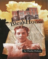 Collage van een vrouw in het wit, een oud gebouw en tekst uit 'Bleak House' van Charles Dickens.