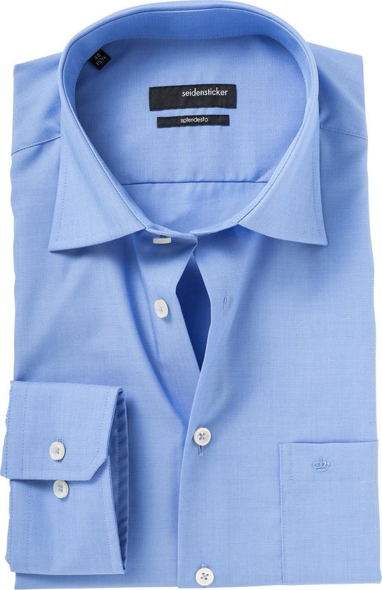 Seidensticker regular fit overhemd - blauw fil a fil - Strijkvrij - Boordmaat: 48