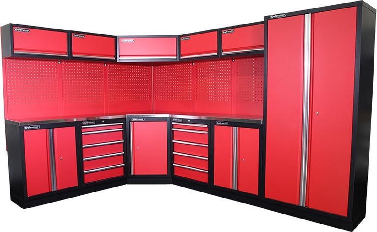 Kraftmeister werkplaatsinrichting - Werkbank met 5 wandkasten, 1 werkplaatskast en RVS werkblad - Werktafel met 8 laden, 3 opbergkasten en gereedschapswand - Complete set voor werkplaats of garage - Rood