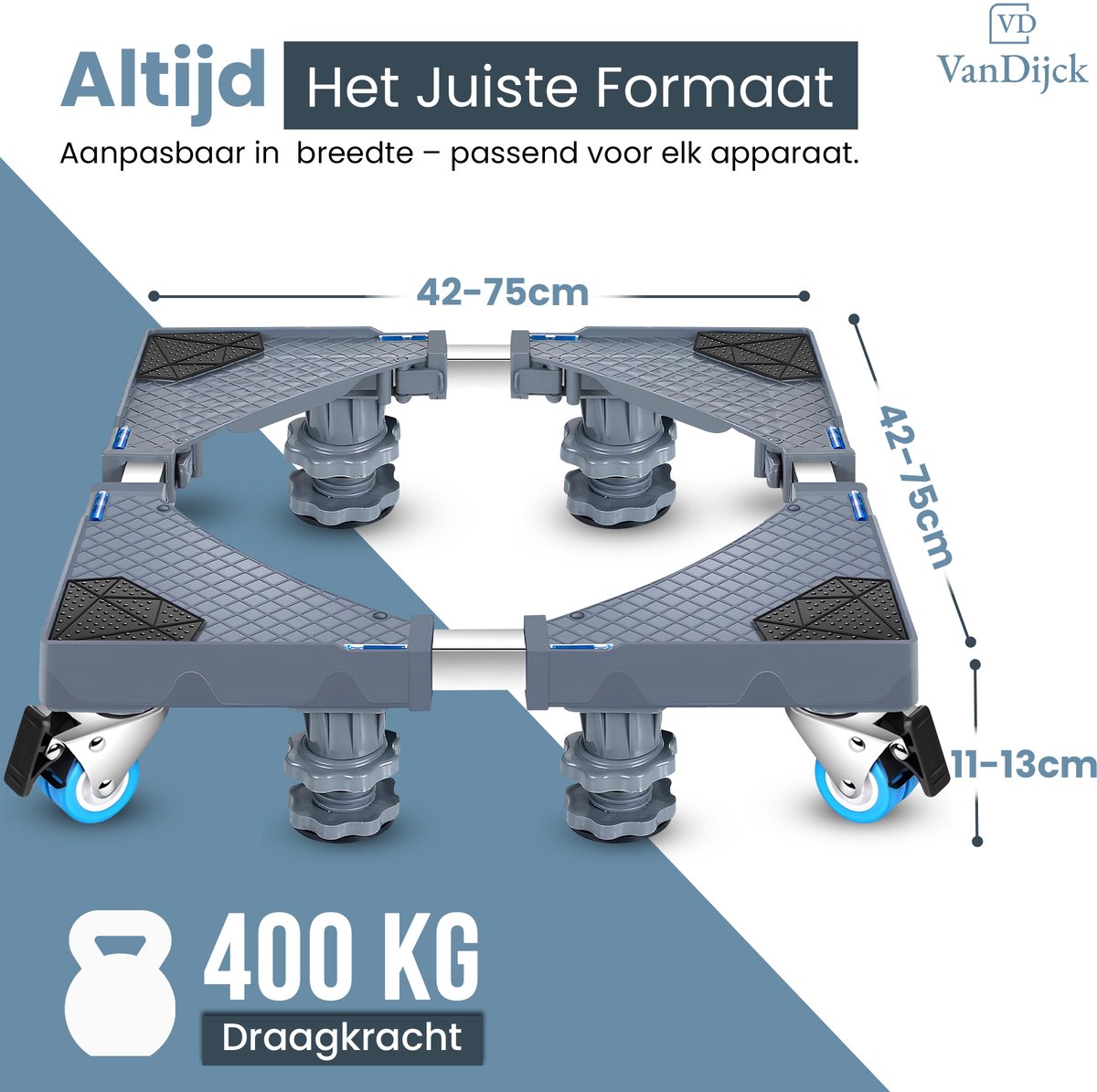 VanDijck Wasmachine Verhoger - 4 Wielen en 4 Poten - 42-75 cm - 400 kg — afbeelding 3