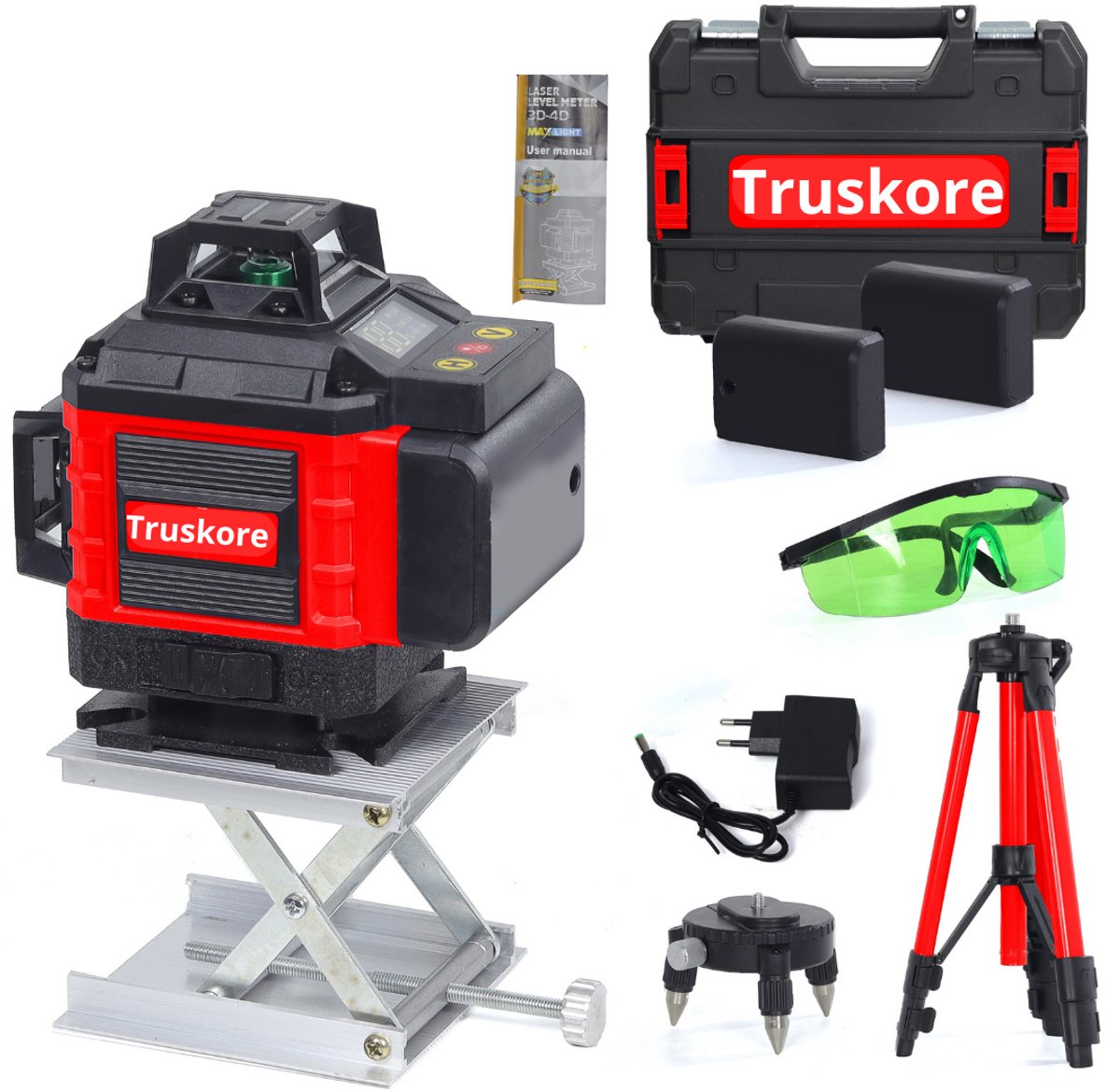 Truskore Kruislijnlaser Met Statief - 4 tot 16 Lijnen - 4D Professionele Bouwlaser - 50 Meter Meetbereik - Zelfnivellerend - 360 Graden - Laser Waterpas - Lijnlaser - Complete set - Rood