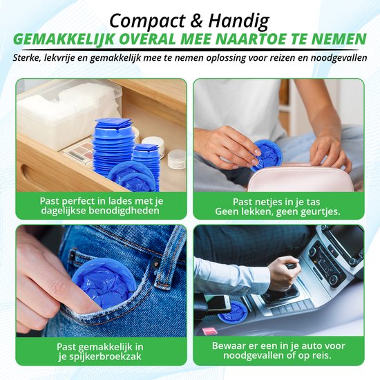 Voorbeelden van het compacte formaat van de blauwe braakzakjes: in een lade, tas, broekzak en auto.