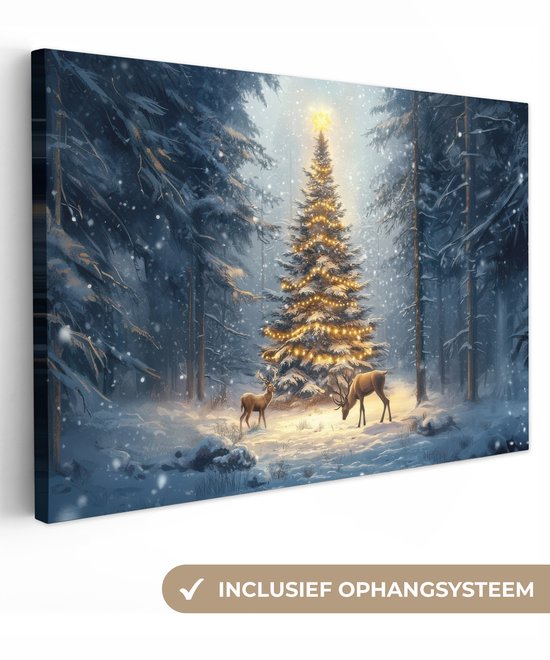 Canvas schilderij 120x80 cm - Exclusieve wanddecoratie Kerstlicht - Woud - Hert - Donker - Muurdecoratie woonkamer - Kamer decoratie - Schilderijen op canvas - Kerstdecoratie voor binnen - Kerstversiering - Kerstmis versiering