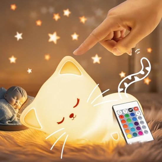 Nachtlampje kinderen - 16 kleuren afstandsbediening en USB-oplaadbaar - dimbaar nachtlampje - babybedlampje meisjes - kattendecoratie. — afbeelding 2