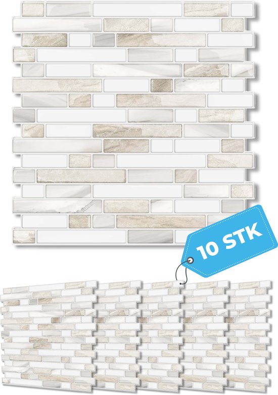Série Mondura MarbleLine - Carrelage autocollant - Sticker carrelage et Muursticker - Cuisine et salle de bain - Aspect marbre Beige Wit - 3x Colle puissant - 10 pièces - 25,4 x 25,4 cm
