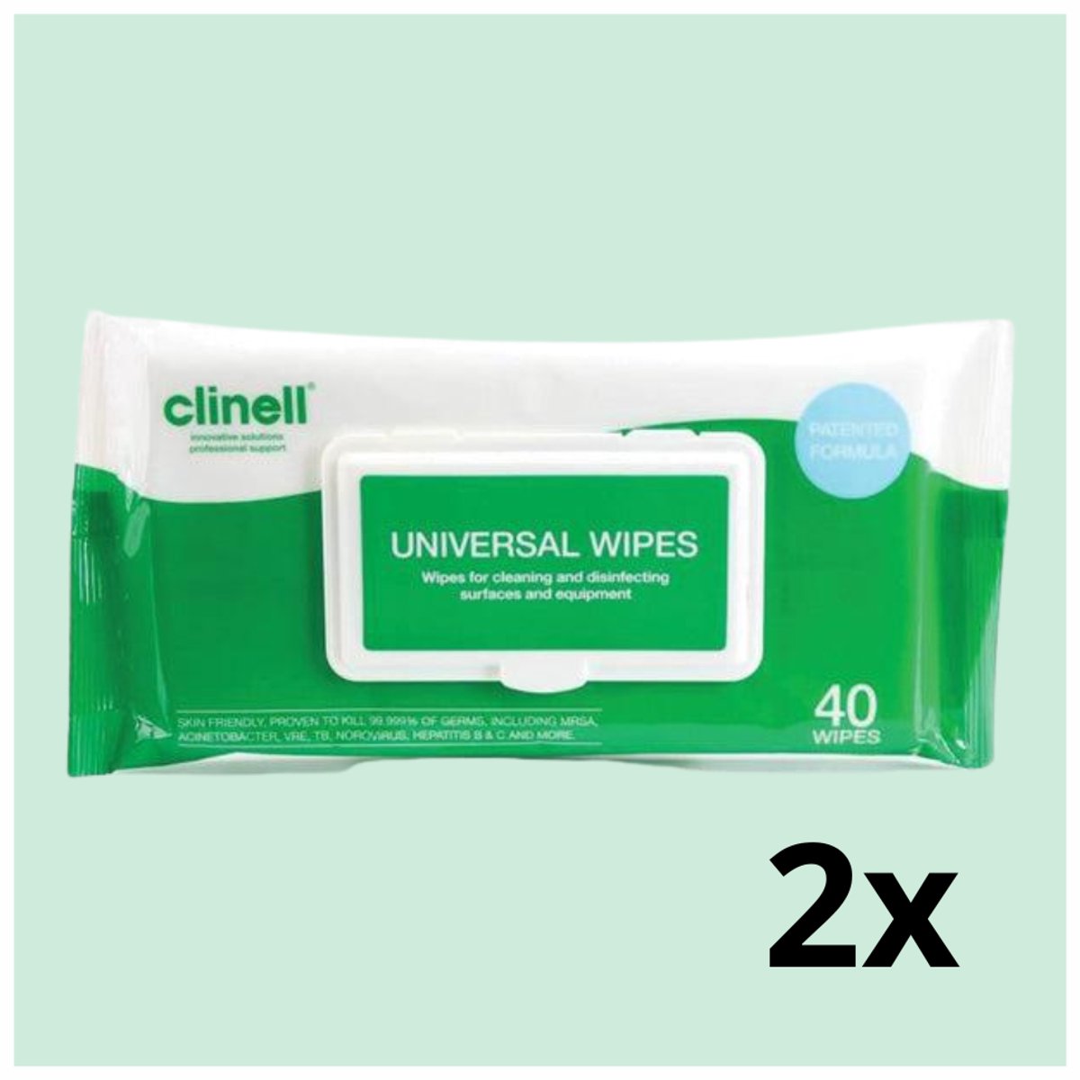 TensCare Clinell hand- en oppervlaktedoekjes - 2 stuks - Universele Reinigings- en Desinfectiedoekjes – Alcoholvrij - Voor Oppervlakken – Doodt 99,99% van Bacteriën & Virussen – Werkt Binnen 10 Seconden - Voor reiniging van probes en units