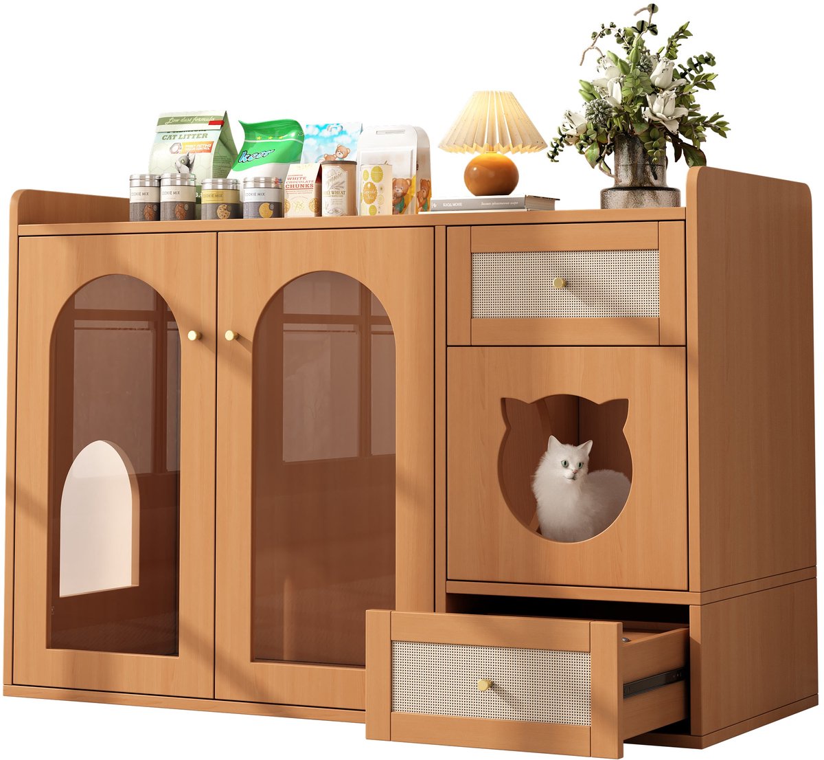 Merax 5-in-1 Kattenhuis met Kattenbak Ombouw – Kattenkast met Voerbakken – Opberglades en Rustruimte – Houten Kattenmeubel – 120x45x83 cm – Walnoot Bruin