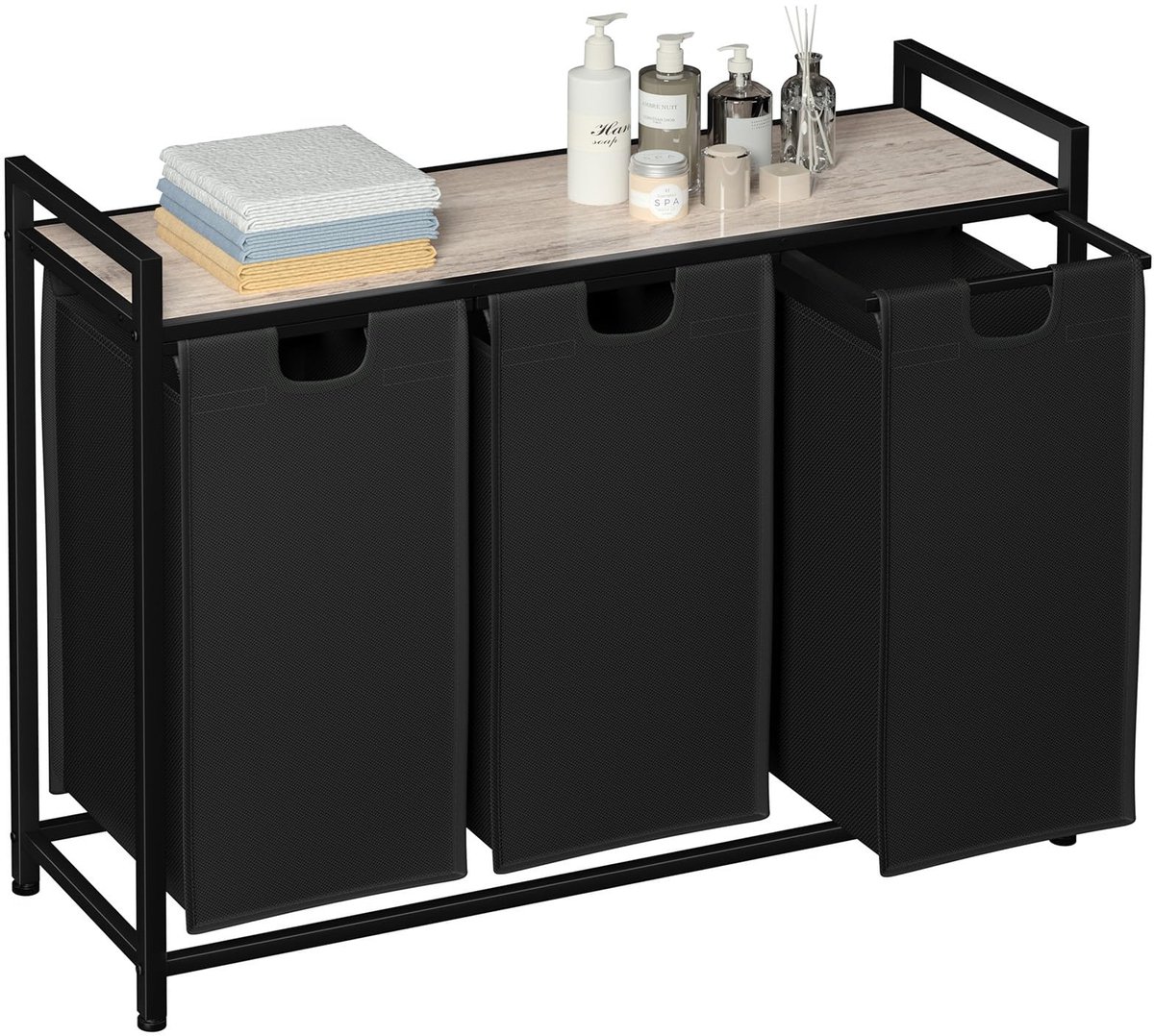 Azomor® Grijze wasmand met drie compartimenten en plank voor georganiseerde wasruimte