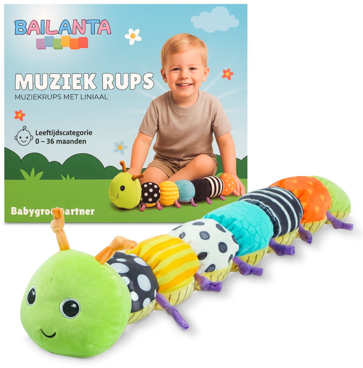 Bailanta® Tummy Time Buikligtrainer Baby - Muzikale Rups Knuffel - Sensorisch Babyspeelgoed - Baby Gym - Montessori - 0+ maanden