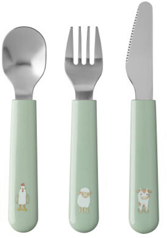 Couverts argentés avec manches vert menthe. La cuillère présente une poule, la fourchette un mouton et le couteau une vache.