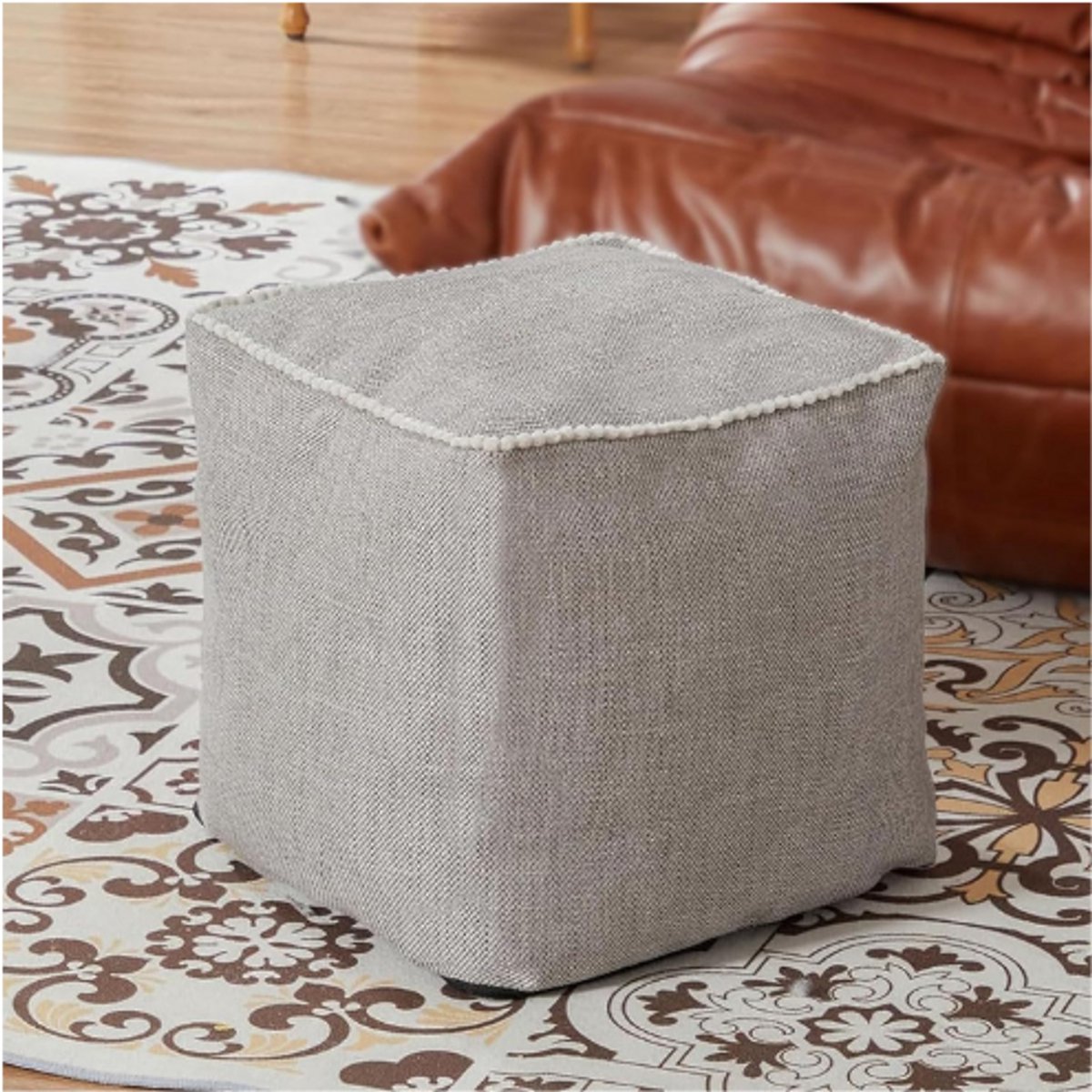 BOG Ongevulde Vierkante Poef - 15 Inch - Neutrale Decoratieve Poef - Poefhoes Voetenbank - Pluche Zijkant Voor Woonkamerstoel Bank Sofa Khaki